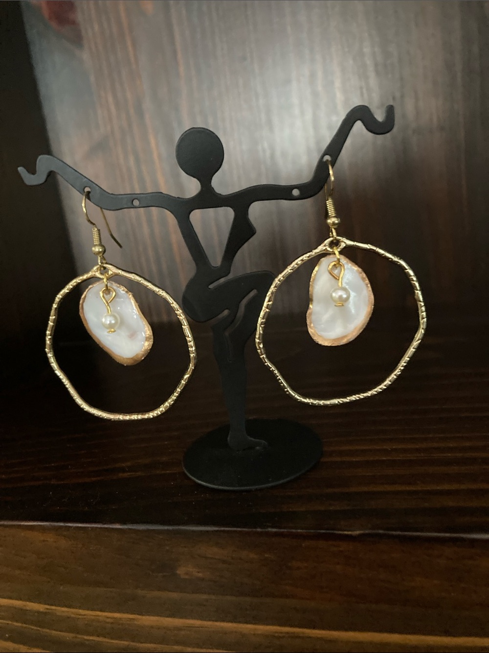 Gold Tone Hoop Earrings with Oyster Shell and Pearl accents